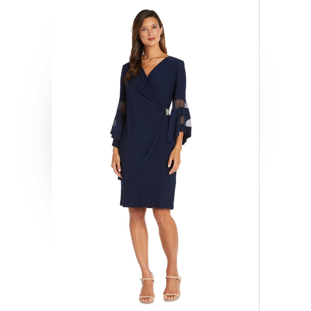 5/$50 EUC R&M Wrap Around Bell Sleeve Dress Rhinestone Accent Navy Sz. 10